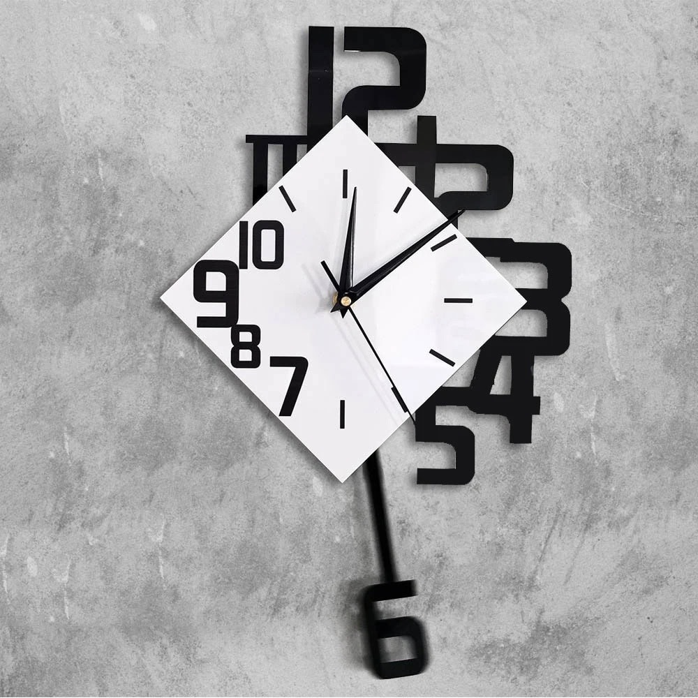 Contemporary wall clock featuring a white square face with black numerals and a black pendulum, mounted on a textured gray wall.