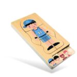 Wooden puzzle featuring a cartoon boy in a basketball uniform, designed for children to develop fine motor skills and hand-eye coordination.
