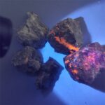 Glowing volcanic rocks under UV light showing vibrant orange and purple fluorescence on dark mineral surfaces.