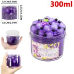 Colorful grape-themed slime with jelly-like texture and black pearl accents, packaged in a 300ml purple container.
