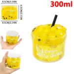 Small yellow Lemon Jelly Boba science toy in a clear container with a black straw, featuring colorful confetti and black pearls, perfect for educational play and sensory exploration.