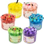 Brightly colored jelly boba cups featuring various fruit flavors and toppings, perfect for educational play and decorative purposes.