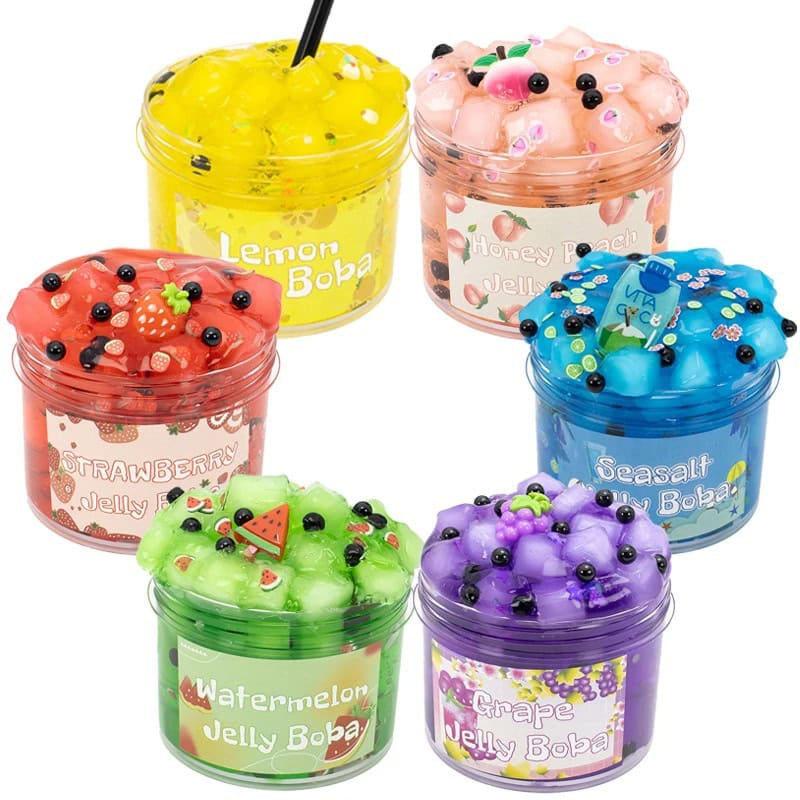 Colorful Jelly Boba Set with Fruit Flavors and Toppings Brightly colored jelly boba cups featuring various fruit flavors and toppings, perfect for educational play and decorative purposes.