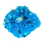 Bright blue slime with black beads, glitter, and small decorative elements, perfect for sensory play and educational activities.