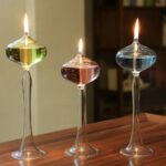 A set of three glass candles with colorful liquids (yellow, red, blue) demonstrating scientific principles, placed on a wooden surface with a blurred background.