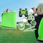 Binoculars and science exploration kit for kids with magnifying glass, scissors, and storage bag.