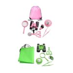 Children's pink science toy set including binoculars, magnifying glass, scissors, and more, with a pink carrying bag for educational exploration and fun.