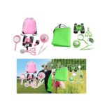 Pink and green children's science exploration kit with binoculars, magnifying glass, and accessories.