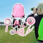 Children's outdoor exploration kit including magnifying glass, binoculars, scissors, and a pink drawstring bag, perfect for educational nature adventures.