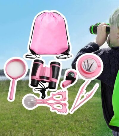 Children's outdoor exploration kit including magnifying glass, binoculars, scissors, and a pink drawstring bag, perfect for educational nature adventures.