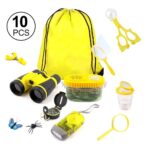 Child-friendly bug catching kit including binoculars, magnifying glass, tweezers, and storage bag, perfect for outdoor exploration and educational play.