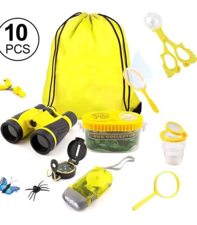 Child-friendly bug catching kit including binoculars, magnifying glass, tweezers, and storage bag, perfect for outdoor exploration and educational play.
