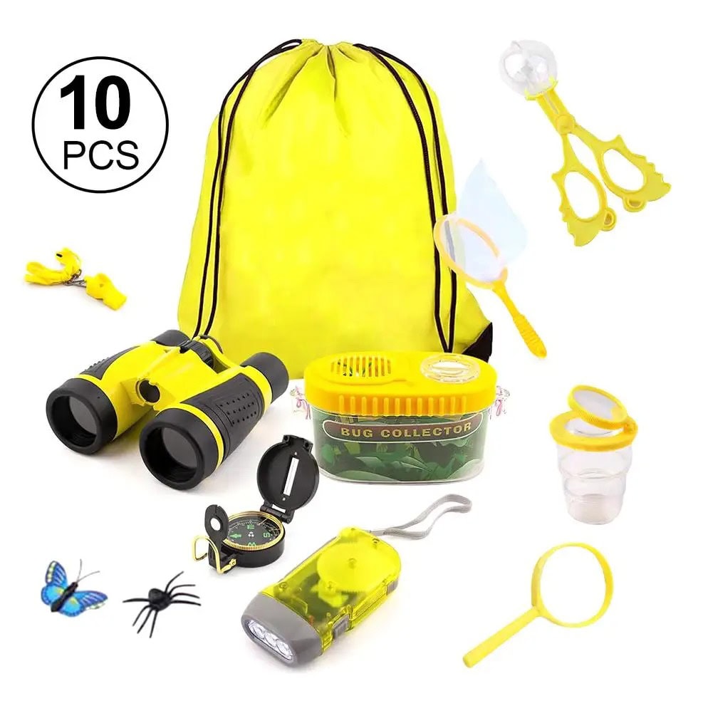 Yellow Bug Catcher Kit with Binoculars and Accessories for Kids Child-friendly bug catching kit including binoculars, magnifying glass, tweezers, and storage bag, perfect for outdoor exploration and educational play.
