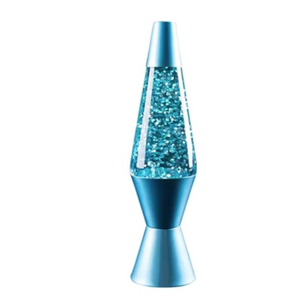 Blue lava lamp with flowing glitter, decorative science gadget for home or office.