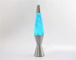 Modern lava lamp with blue wax and metallic base, creating a calming glow and mesmerizing movement, perfect for science-themed decor or educational settings.