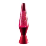 Colorful lava lamp with pink glitter and red base, perfect for science decor and educational spaces.