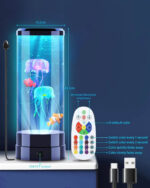 Small cylindrical aquarium with glowing jellyfish and fish, featuring remote control for brightness and color adjustments, ideal for science decor and educational toys.