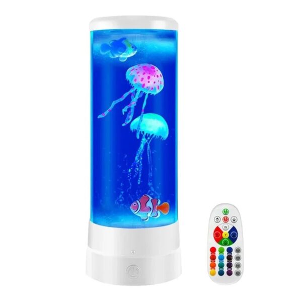 Vibrant LED jellyfish aquarium with remote control, featuring animated jellyfish that glow and move in a mesmerizing underwater display. Perfect for science decor and educational entertainment.