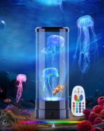 Brightly lit jellyfish aquarium with remote control, showcasing realistic floating jellyfish in a cylindrical tank, set against an ocean-themed background with colorful coral and sea creatures.