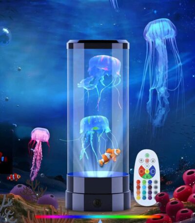 Brightly lit jellyfish aquarium with remote control, showcasing realistic floating jellyfish in a cylindrical tank, set against an ocean-themed background with colorful coral and sea creatures.