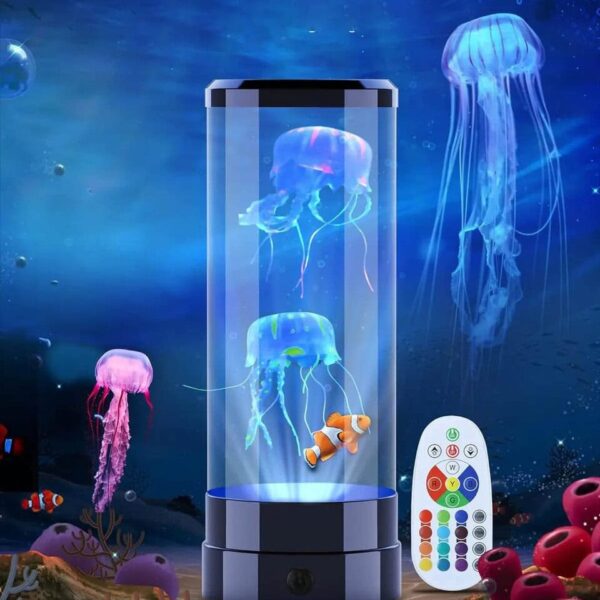 Brightly lit jellyfish aquarium with remote control, showcasing realistic floating jellyfish in a cylindrical tank, set against an ocean-themed background with colorful coral and sea creatures.