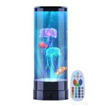 LED jellyfish aquarium with remote control, featuring colorful floating jellyfish in a cylindrical tank, ideal for science decor and educational toys.