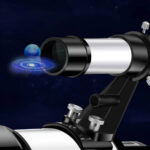 Modern telescope with a holographic projection of Earth and space, demonstrating astronomy and space exploration for educational purposes.
