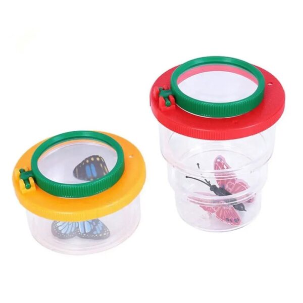 Clear plastic butterfly observation jars with colorful lids, perfect for educational science projects and nature exploration.