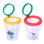 Two transparent plastic containers with colorful lids and magnifying glasses, featuring butterfly and fish illustrations, ideal for educational science activities.
