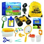 Complete outdoor science exploration set for kids including binoculars, magnifying glass, bug-catching tools, and educational booklets for ages 5 and up.