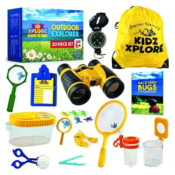 Complete outdoor science exploration set for kids including binoculars, magnifying glass, bug-catching tools, and educational booklets for ages 5 and up.