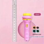 Bright pink children's flashlight featuring a cute cartoon face and four assorted cards for interactive fun.