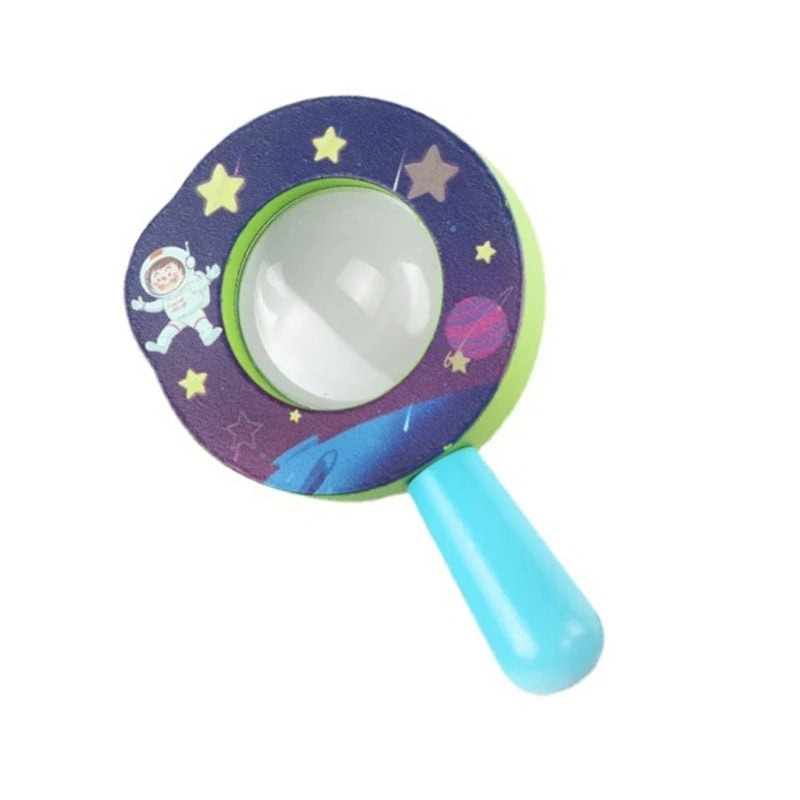 Brightly colored children's magnifying glass with space-themed design.