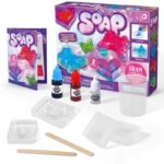 Kids' soap-making science kit with colorful molds, dyes, and tools for creative educational fun. Suitable for children 8+ to learn about chemistry and soap crafting.