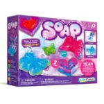 Kids' soap making kit with colorful, scented soap molds including butterfly, heart, and star shapes, featuring glitter and fun soap display. Suitable for children 8+ for creative science play.