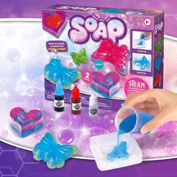 Kids can create colorful, scented soap with this DIY soap-making kit, featuring molds, glitter, and vibrant colors for fun and educational craft activities.