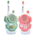 Colorful children's walkie talkies featuring turtle and bunny characters, perfect for outdoor play and communication. Bright pink and green designs with adjustable antennas.