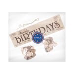 Decorative family birthday banner featuring wooden clocks and a "STOBOK" logo, perfect for celebrating birthdays with a rustic and charming touch.