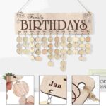Wooden family birthday calendar with hanging heart-shaped and round tags for each month, customizable for family celebrations and special occasions.