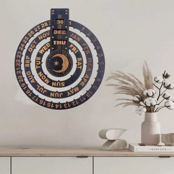 Aesthetic moon phase calendar wall clock with days, months, and moon phases, perfect for science enthusiasts and educational spaces.