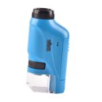 Compact blue handheld microscope for science experiments and educational use, featuring adjustable focus and clear magnification.