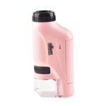 Compact pink handheld microscope for educational and scientific use, featuring adjustable focus and LED illumination for detailed viewing.