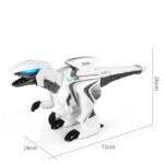 Interactive T-Rex robot toy with LED eyes, measuring 71cm long, 26cm tall, and 19cm wide, designed for educational play and science decor.