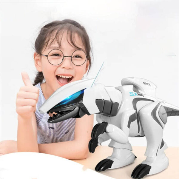 Young girl with glasses smiling and giving a thumbs-up next to a robotic dog toy, showcasing a fun and educational science gadget for children.