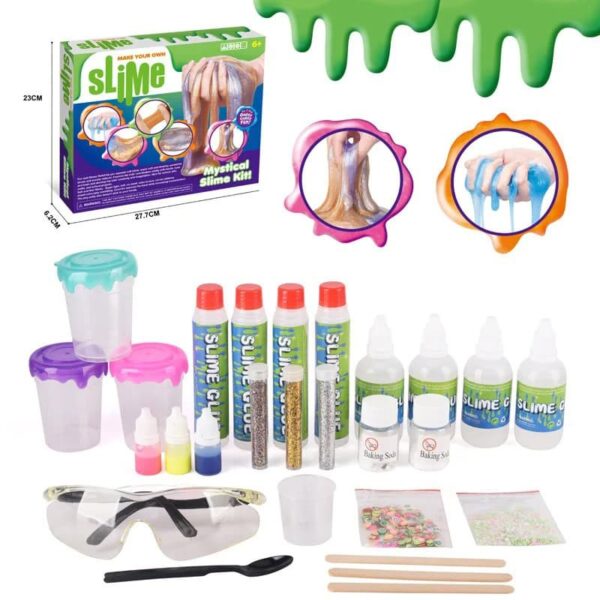 Complete slime making kit with colorful ingredients, tools, and molds for kids to create their own slime at home. Perfect for science experiments and educational fun.