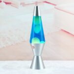 Modern lava lamp with vibrant blue and green bubbles, decorative and educational for science enthusiasts and home decor.