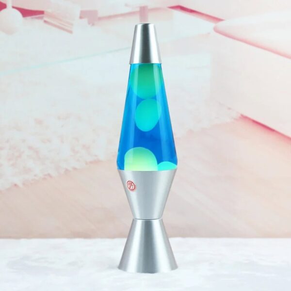 Modern lava lamp with vibrant blue and green bubbles, decorative and educational for science enthusiasts and home decor.