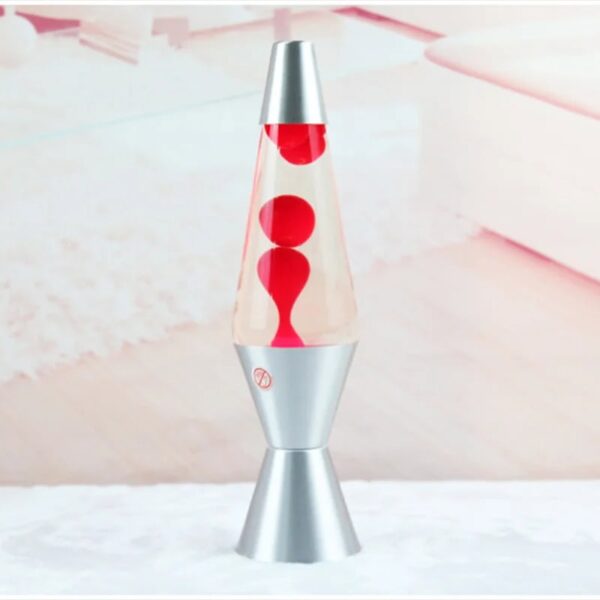 Modern lava lamp with red wax inside a clear glass tube, mounted on a silver base, creating a vibrant and dynamic decorative piece for science enthusiasts and home decor.