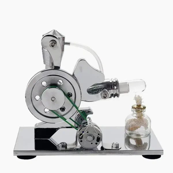 A metallic Stirling engine model demonstrating thermodynamic principles with a glass container and a small jar of cotton for educational purposes.