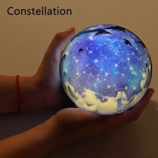 Hand holding a glowing constellation globe showing star patterns and celestial maps, perfect for science education and decorative purposes.
